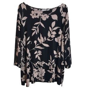 Chico's Travelers Black & Tan Botanical Floral Tunic Blouse Top Size XL (16-18)
